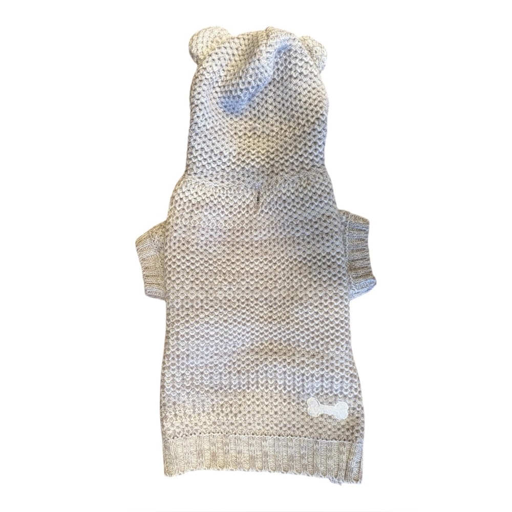 🌈 6/$60 Dog Sweater Beige Grey Cream Knit Hooded Bear Ears Medium Leash Hole